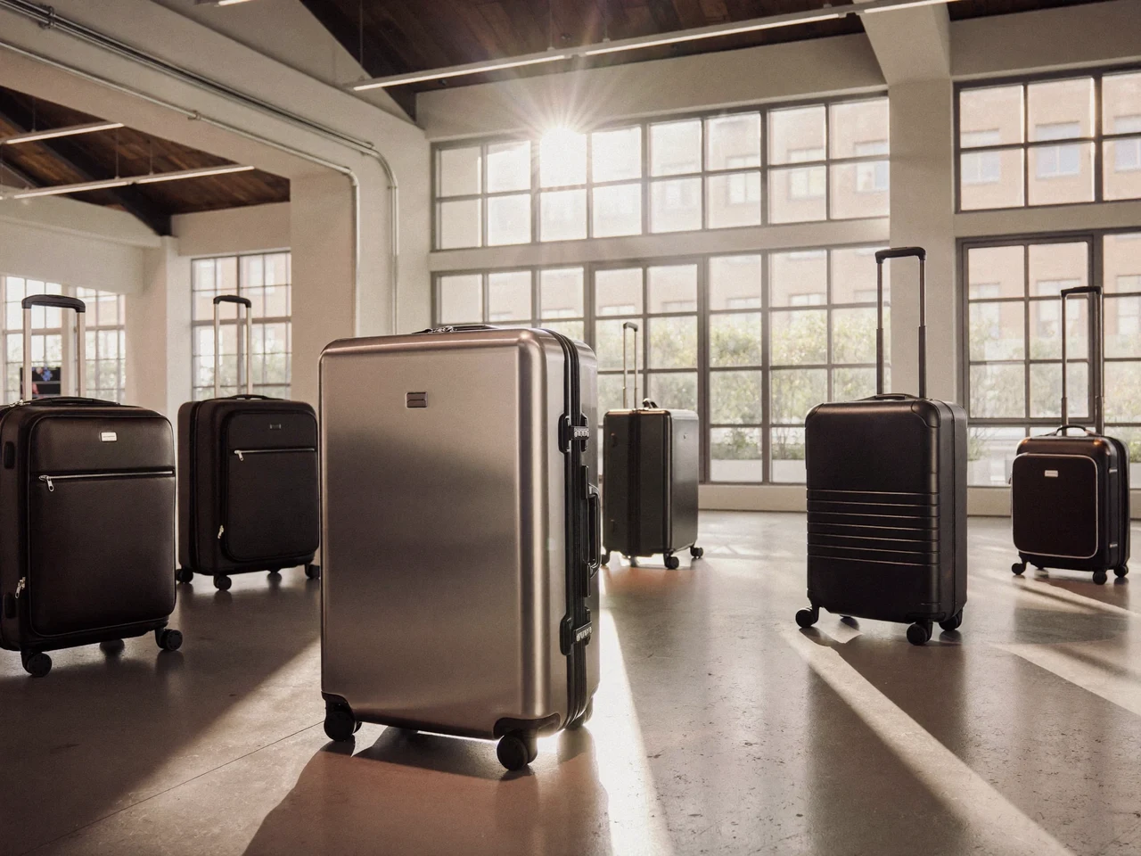 Gamme de valises rigides et souples alignées dans un showroom lumineux.