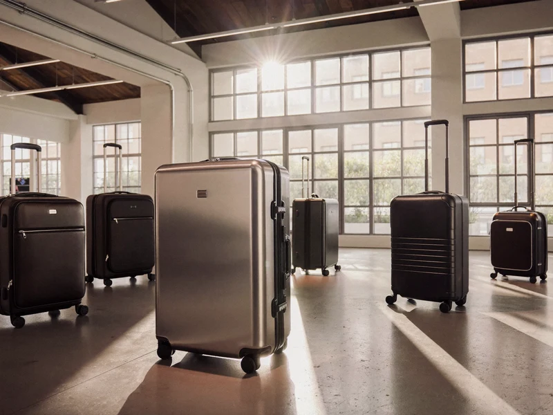 Gamme de valises rigides et souples alignées dans un showroom lumineux.
