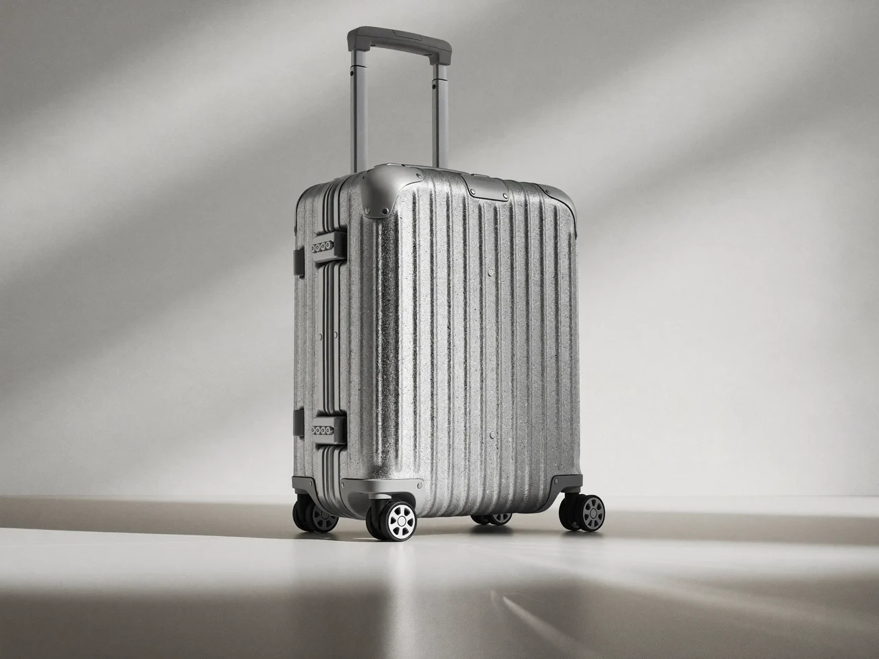 Valise cabine rigide argentée, poignée télescopique déployée, sur fond clair.