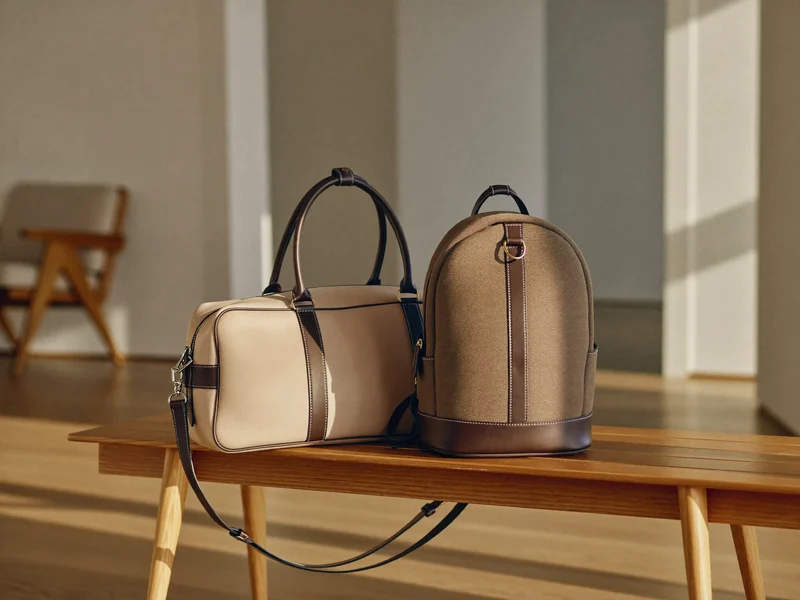Sac duffel à finitions cuir et petit sac à dos posés côte à côte.
