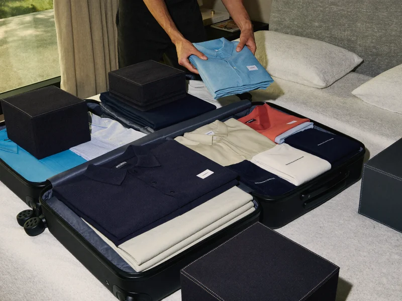 Mains rangeant des vêtements pliés dans une valise ouverte avec des cubes.